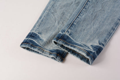 Men Streetwear Skinny Jeans Light Blue Wash with Faded Gradient Finish 9016