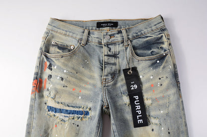 Men Streetwear Skinny Jeans Light Gray Wash with Multi-Color Paint Splatter and Distressed Patches 9071