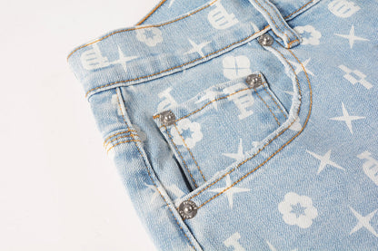 Men Streetwear Denim Shorts Light Blue Wash with White Geometric Print and Raw Hem 5089
