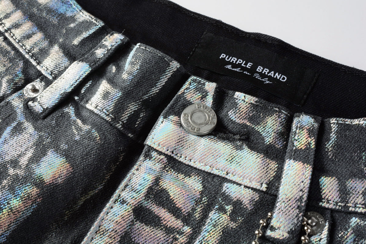 Men Streetwear Denim Shorts Black Wash with Holographic Reflective Finish and Raw Hem 5028