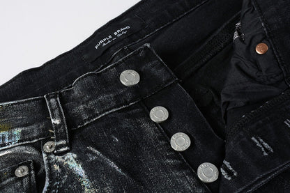 Men Streetwear Skinny Jeans Black Wash with Colorful Graffiti Paint Splash 9078