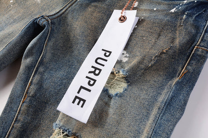 Men Streetwear Skinny Jeans Light Blue Wash with Distressed Rips and White Paint Splatter 9012
