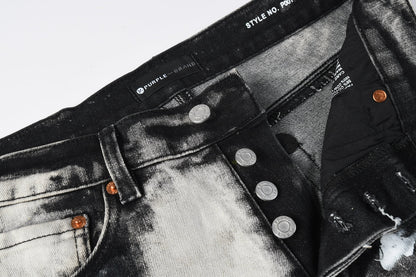 Men Streetwear Skinny Jeans Black and White Graffiti Wash with Multi Color Paint Splash 9111