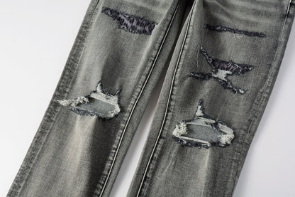 Men Classic Streetwear Jeans Distressed Black Grey Ripped skinny 9068