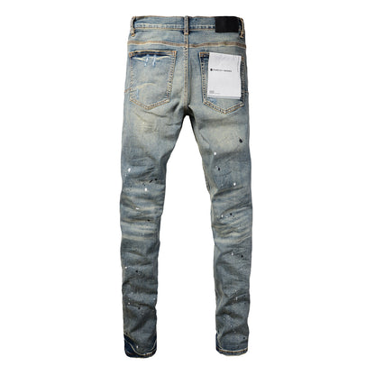 Men Streetwear Skinny Jeans Light Blue Wash with Blue Patched Rips and White Paint Splatter 9050-1