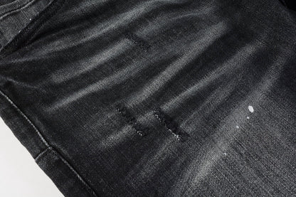 Men Streetwear Skinny Jeans Black - Gray Fade Wash with White Paint Specks 9027