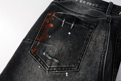Men Streetwear Skinny Jeans Dark Gray Wash with Distressed Rips and Multi-Color Paint Splatter 9018