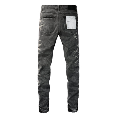 Men Streetwear Skinny Jeans Dark Gray Wash with White Marbled Texture 9056