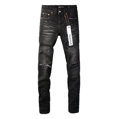 Men Streetwear Skinny Jeans Black Wash with Knee Rips and White Paint Specks 9035