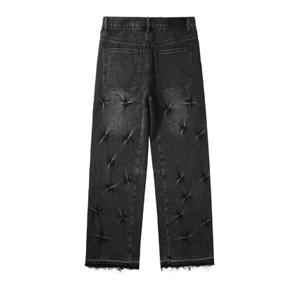 Men Streetwear Wide-Leg Jeans Black Gray Wash with 3D Pinched Pleats