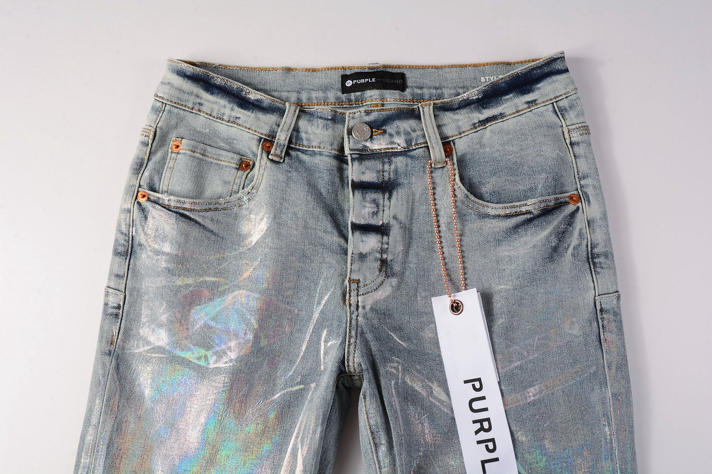 Men Streetwear Skinny Jeans Light Blue Wash with Holographic Iridescent Finish 9005