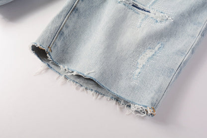 Men Streetwear Denim Shorts Light Blue Wash with Distressed Rips and Raw Hem 5088