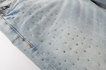 Men Streetwear Skinny Jeans Light Blue with Rhinestone Studs and Distressed Details PU9119