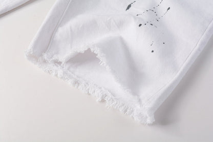 Men Streetwear Denim Shorts White Wash with Black Paint Splatter Print and Raw Hem 5021
