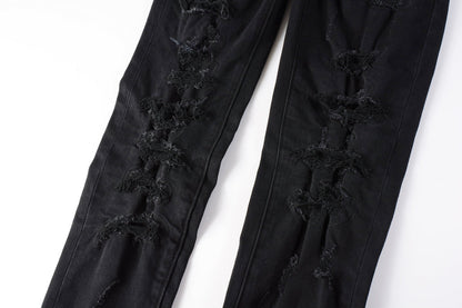 Men Distressed Black Skinny Jeans with Heavy Ripped Design and Grunge Streetwear Vibe 9108