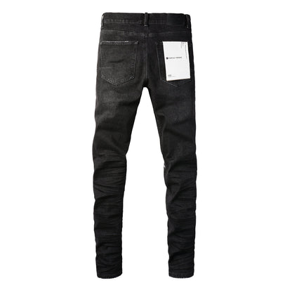 Men Streetwear Skinny Jeans Black Wash with Knee Rips and White Paint Specks 9035