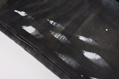 Men Streetwear Skinny Jeans Dark Gray Wash with White Paint Splatter and Brush Strokes 9036