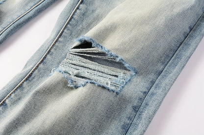 Men Streetwear Skinny Jeans Light Blue Wash with Subtle White Pattern Wash 9013