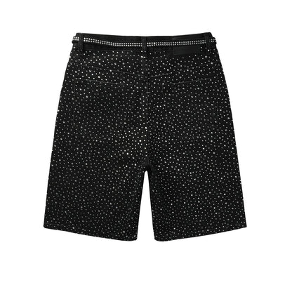 Men Streetwear Black Denim Shorts with Allover Rhinestone Studs and Zipper Details 5095