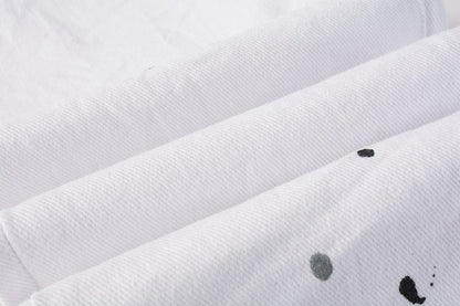 Men Streetwear Skinny Jeans White Wash with Black Paint Splatter and Distressed Rip 9021