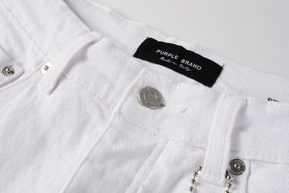 Men Streetwear Denim Shorts White Wash with Black Paint Splatter Print and Raw Hem 5021