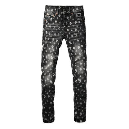 Men Classic Street Skinny Jeans Dark Grey Monogram Print All Over Distressed Style 9112