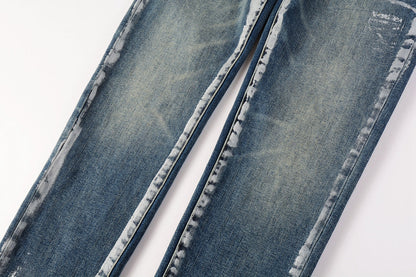 Men Streetwear Skinny Jeans Dark Blue Wash with White Brushstroke Distress 9040