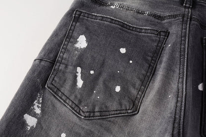 Men Streetwear Skinny Jeans Dark Gray Wash with Knee Rips and White Paint Splatter 9039