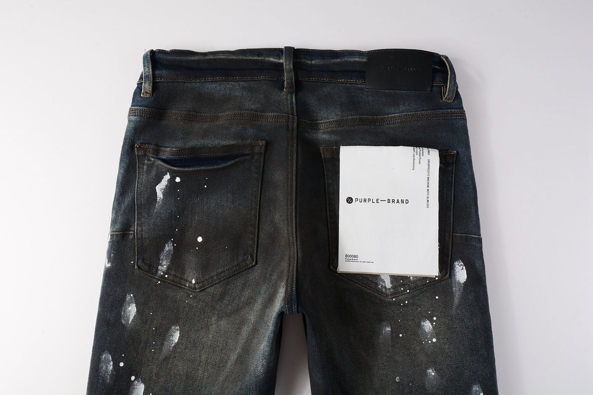 Men Streetwear Skinny Jeans Dark Gray Wash with White Paint Splatter and Brush Strokes 9036