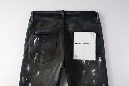 Men Streetwear Skinny Jeans Dark Gray Wash with White Paint Splatter and Brush Strokes 9036