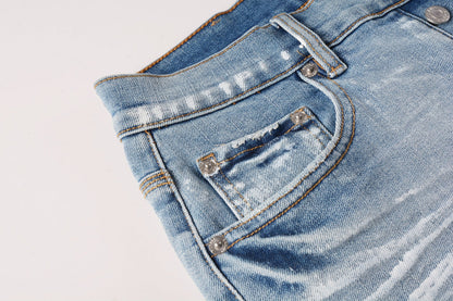 Men Streetwear Light Blue Denim Shorts with Vintage Wash and Raw Hem Finish 5091