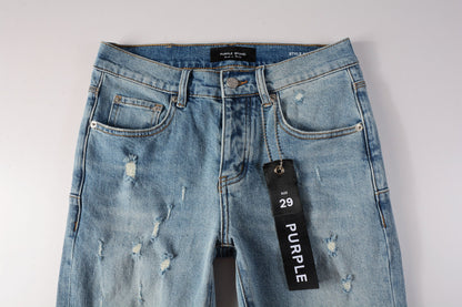 Men Streetwear Skinny Jeans Light Blue Wash with Subtle Distressed Ripped Details 9075