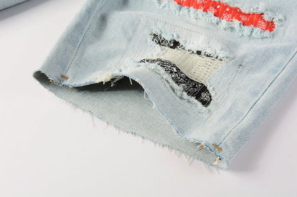 Men Streetwear Denim Shorts Light Blue Wash with Colorful Patched Rips and Raw Hem 5067