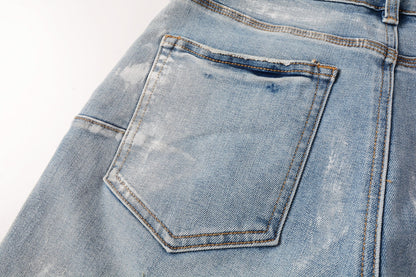 Men Streetwear Light Blue Denim Shorts with Vintage Wash and Raw Hem Finish 5091