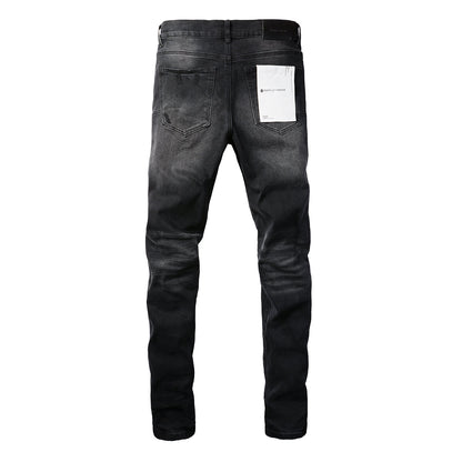 Men Streetwear Skinny Jeans Black Wash with Knee Ripped Details 9029