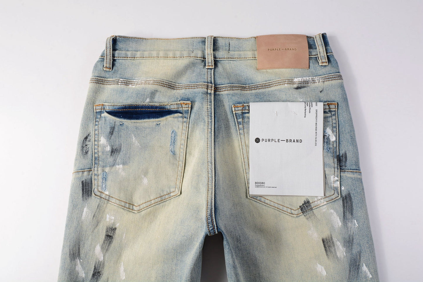 Men Streetwear Skinny Jeans Light Blue Wash with White Paint Splatter and Distressed Rips 9007