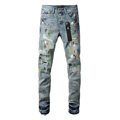 Men Streetwear Skinny Jeans Light Blue Wash with Multi-Color Paint Splatter and Distressed Rips 9072