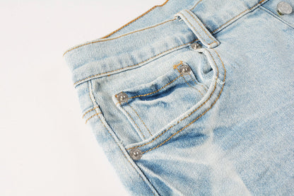 Men Streetwear Denim Shorts Light Blue Wash with White Distressed Patches and Raw Hem 5069