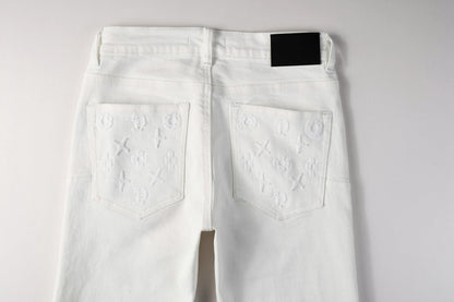 Men Designer Streetwear Skinny Jeans Solid White with 3D Embossed Monogram Pattern 9113