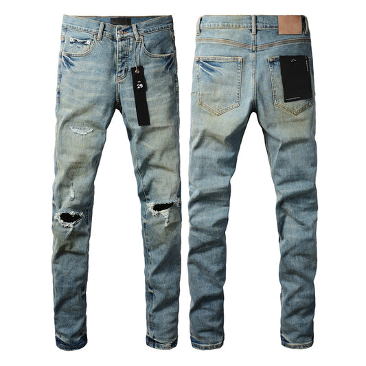 Men Streetwear Skinny Jeans Light Blue Wash with Distressed Ripped Knee Details 9076