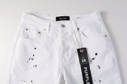 Men Streetwear Denim Shorts White Wash with Black Paint Splatter Print and Raw Hem 5021