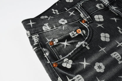 Men Classic Street Skinny Jeans Dark Grey Monogram Print All Over Distressed Style 9112
