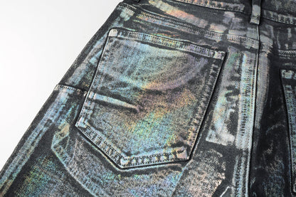 Men Streetwear Denim Shorts Black Wash with Holographic Reflective Finish and Raw Hem 5028