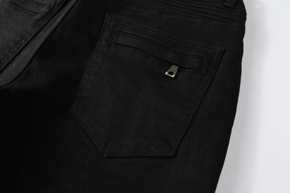 Men Streetwear Biker Skinny Jeans Black with Knee Pleats and Zipper Pockets 0964