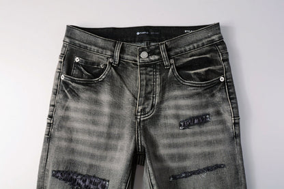 Men Classic Streetwear Jeans Distressed Black Grey Ripped skinny 9068