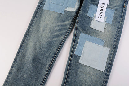 Men Streetwear Skinny Jeans Light Blue Wash with Patchwork Distressed Details 9015