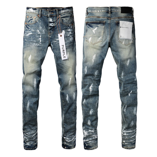 Men Streetwear Skinny Jeans Light Blue Wash with White Paint Brush Strokes 9060