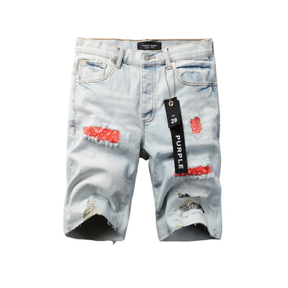 Men Streetwear Denim Shorts Light Blue Wash with Colorful Patched Rips and Raw Hem 5067