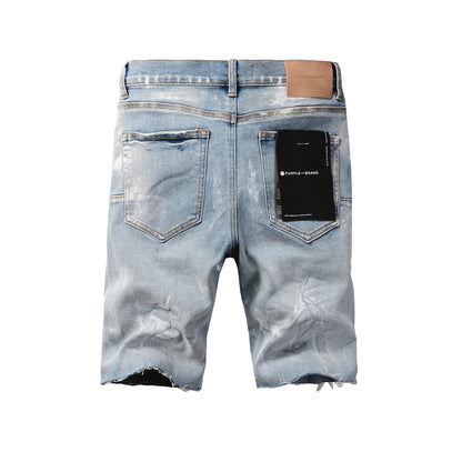 Men Streetwear Light Blue Denim Shorts with Vintage Wash and Raw Hem Finish 5091