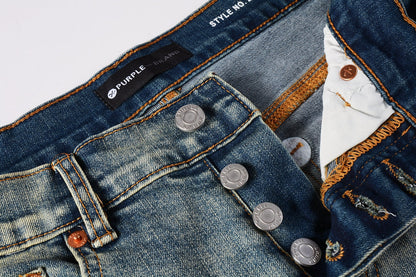 Men Streetwear Skinny Jeans Light Blue Wash with Blue Patched Rips and White Paint Splatter 9050-1